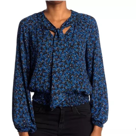 Parker Zuri combo long sleeve blue and black floral blouse with tie - Picture 1 of 5